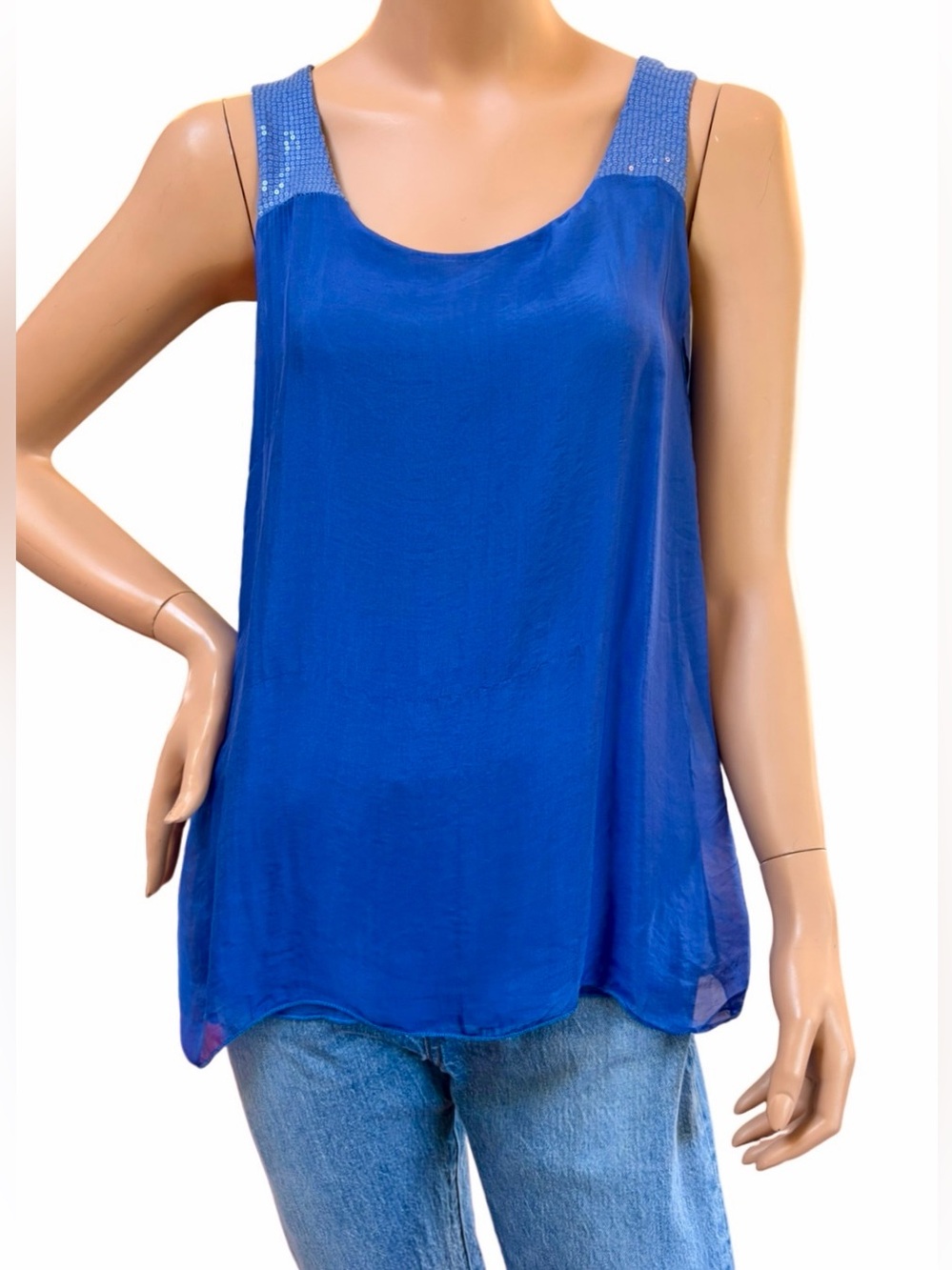 NWT GIUSY Italy Silk Blend Sequin Tank Top in Surf Blue - Small